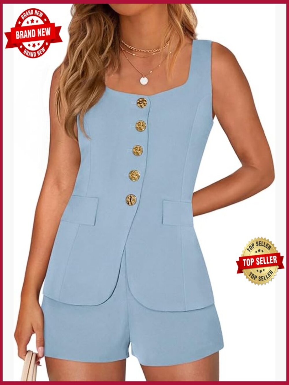 2 Piece Pleated Vest & Shorts Set - Sleeveless Office Outfit
